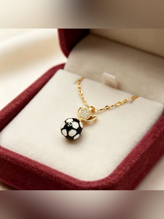 Moon Goddess Emporium Jewelry - 18K Gold Soccer Ball Trophy Enameled Micro Pave Diamond Inlay Pendant Necklace